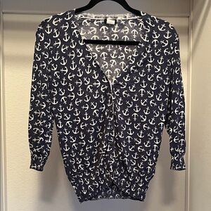 J. Crew white anchor Navy cardigan 100% cotton Small Nautical New England style